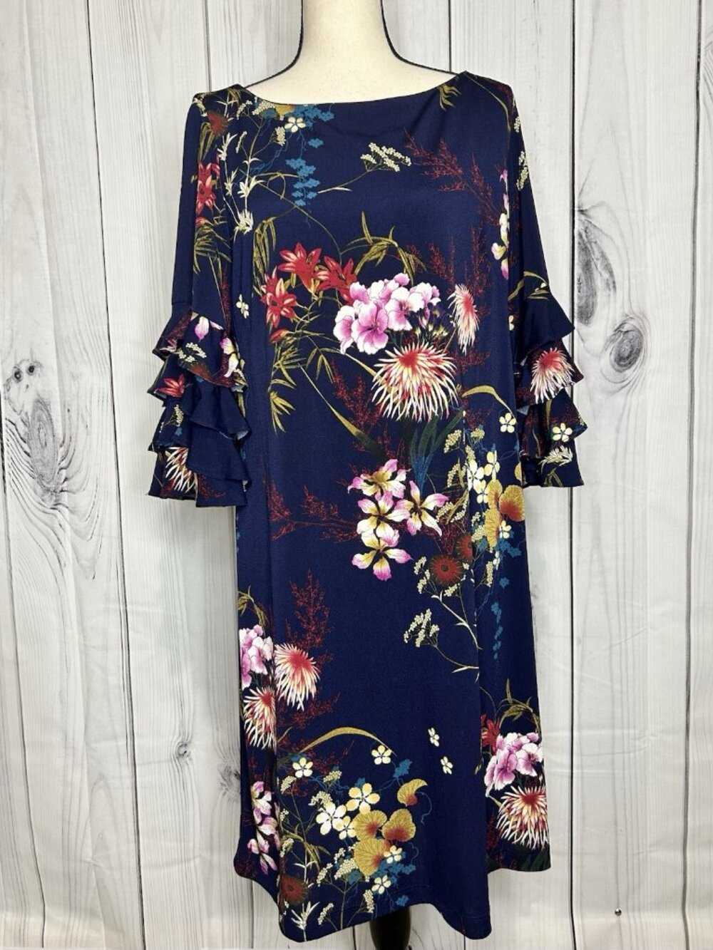 Gabby Skye Shift Dress Navy Floral Tiered Ruffle Sleeve Sz 14